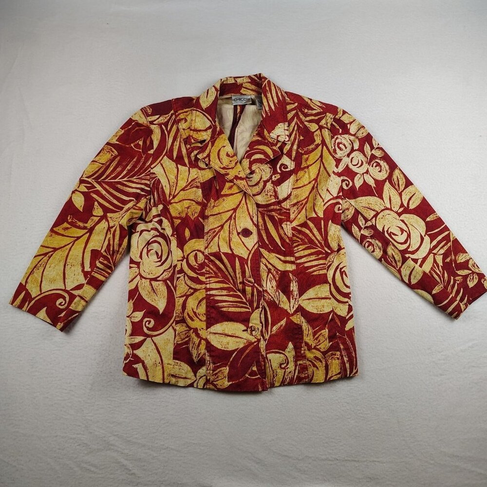 Chicos Blazer Jacket Womens Size 1 Red Yellow Floral Buttoned Boho
